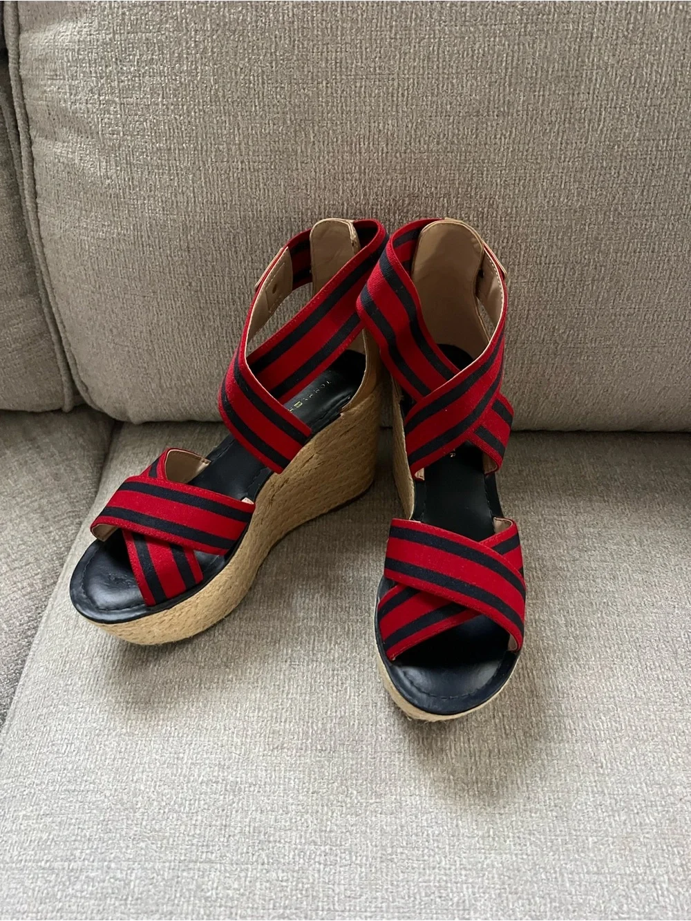 Tommy Hilfiger Red and Black Striped Espadrille Wedge Sandals